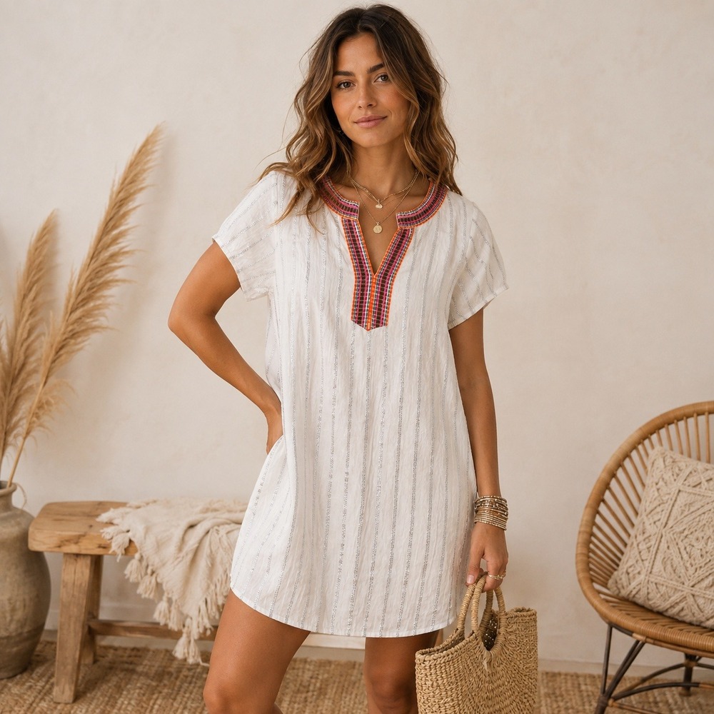 THML Anthropologie Shift Dress Medium Metallic Stripe Embroidered Boho Tunic